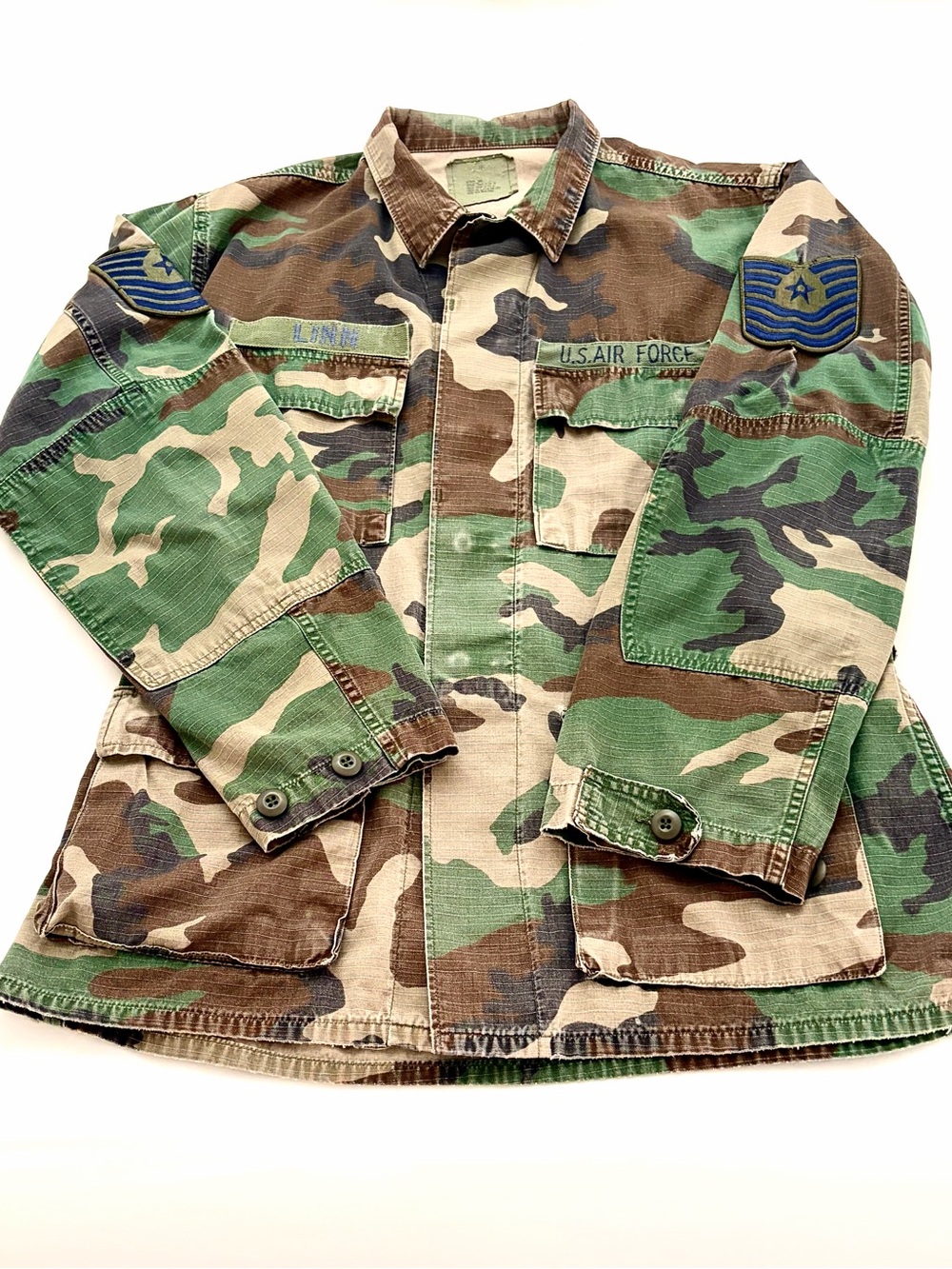 Military Camo Jacket Men’s Medium Long, Master Sergeant E7 - Woodland, Hunting
